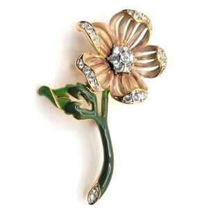 NOLAN MILLER FLOWER BROOCH PIN‎ RHINESTONE GOLD TONE VINTAGE SIGNED PINK GREEN